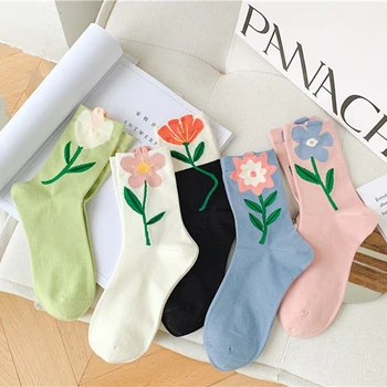 1 Par Slatkih Korejski Čarape jarkih Boja, Ženske Čarape s japanski Crtani Cvijet, Harajuku Kawaii, Čarape srednje Dužine, Prozračna Svakodnevne Kratke Čarape