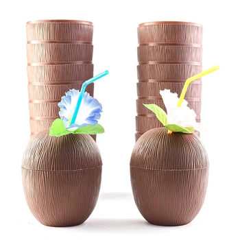 18 Komada kokos čaša za havajski dječje zabave u stilu Luau s cvjetnim slamke od hibiskusa - Tiki i Plaža tema party, Vesela Piće ili Dekor