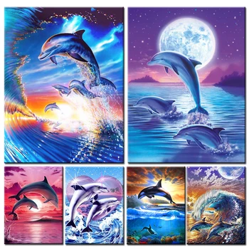 5d Diy Hobi Diamond Vez Delfin Diamond Slikarstvo Životinje Setovi Za križićima Mozaik Slika Rhinestones Morsko Umjetnost Kućni Dekor