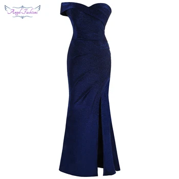 Angel-fashions Donje плиссированное haljina s otvorenim ramenima, Elegantna večernja haljina s prorezom, Večernja haljina Kraljevske plave boje 443