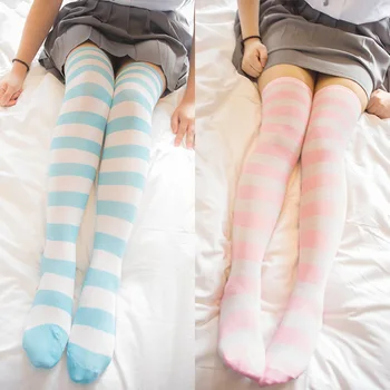 anime Plavo-bijeli/ružičasto-bijele Široke golfs u strip čarape do kukova, slatka veličina L /XL, veleprodaja, 4 para/lot