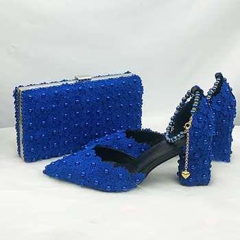 BaoYaFang Kraljevski Plava Perle s Cvjetnim remenom cipele vjenčanje Nevjesta s oštrim vrhom na Trgu Debelom Visoke potpetice Večernje modeliranje cipele i torba u kompletu