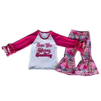 Butik Komplet za djevojčice Roza Kauboj t-shirt u zapadnom stilu Dugih Rukava, Kape, Čizme, Spaljene Odjeće, Dječje Odjeće