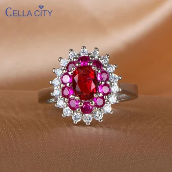 Cellacity Modni Srebrni Nakit 925 Sterling s Crvenim Dragim Kamenjem Prsten za Žene u obliku cvijeta s Ruby Podesiva Otvaranje prstena Večernje Prodaja na Veliko