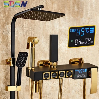 Crna Zlatni Set Za Tuširanje SDSN Kvalitetan prikladniji mesinga Miješalica Za Tuš U Kupaonici 10 Cm Kvadratni Kiša Mlaznica Za Tuširanje Digitalni Set Za Tuš Kade
