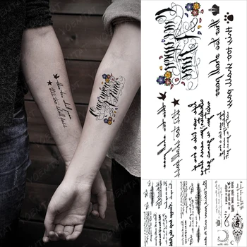 Crni Tekst Vodootporan Privremeni Tattoo Naljepnice Par Ruku Engleska Riječ Cvijet Pismo Arapska Riječ Body Art Flash Tetovaža Žene Muškarci