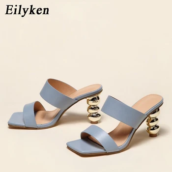 Eilyken/Novi Dizajn, metalne neobične Ljetne ženske papuče na visokim potpeticama, Elegantna слипоны s trga vrhom, ženske sandale, Veličina 42