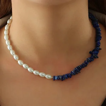 Elegantne Plave Prirodni kamen Biserna Ogrlica za Žene Ljetnim Jednostavne ključne kosti Lanca Ogrlice Češka Modni Nakit