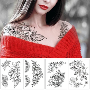 Geometrijski Cvijet Ruža Očiju Lišće Vodootporne Privremena Tetovaža Naljepnica Diamond Božur Crne Tetovaže I Body Art Ruku Lažna Tetovaža