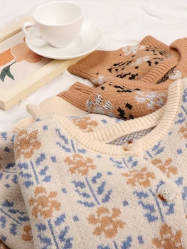 Jesen Kardigan Ženski Korejski Moderan Džemper Prairie Chic Cvijeće Pletene Kardigan Džemper Skakači Udoban Vintage Odjeća