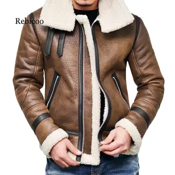 Jesensko-zimska muška jakna od umjetne kože s debelim visokim ovratnikom, toplo krzno obloge, kaput na munje s lapels, jakna 2019