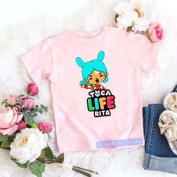 Kawaii/Dječje Majice, Zabavna Majica za Djecu s Cartoonish po cijeloj površini Toca World, Video igre ljetni Modni Majice Za djevojčice, roza Majice