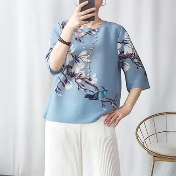 Klasična tanka majica u kineskom stilu s cvjetnim i ptičjom po cijeloj površini, ženska ljetna majica 2022 godine s okruglog izreza, slobodna плиссированная majica kratkih rukava, top
