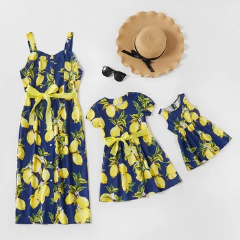 Ljetna haljina čipka-up s limunovim po cijeloj površini za djevojčice od 3 mjeseca do 5 godina, Osnovna odjeća za mame, djevojke i Djecu, Plaža Odjeća, сарафан za roditelje i Djecu