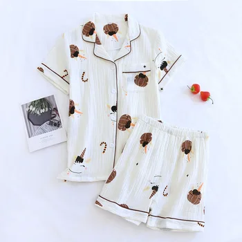 Ljetna nova japanska пижама kratkih rukava, kratke hlače od dva predmeta, ženska хлопковая креповая slatka nova kućna odjeća, free kit, пижама ženska