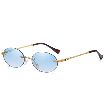 Modni Ovalni Sunčane Naočale Male Nijanse Rimless Luksuzne Marke Dizajner Ženske, Muške Metalik Plave Sunčane naočale Visoke Kvalitete UV400 Naočale