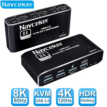Navceker 8K KVM-switch HDMI-kompatibilnu 4K 120Hz 2 Porta HD KVM Switcher Box USB za opće monitora, Tipkovnice i miša kliknite Pisač PC