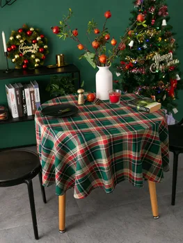 Nordijsko Retro Božić Okrugli Stolnjak Crvena Zelena Britanski Pokrivač Gusta Pamučna Tkanina Poklopac Stola za Kućnog Vrta Čaj