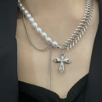 Novi Korejski Modni Fin Ogrlice s Privjesak u obliku Križa, Kreativna Riba Kosti, Imitacija Biserno Razgovora, Ogrlice za Žene, Večernje Nakit