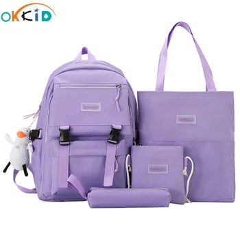 OKKID, 5 kom./compl., školske torbe za djevojaka, ljubičasta torba, torba za rame torba za olovke, ženski školski ruksak, ženska torba za knjige