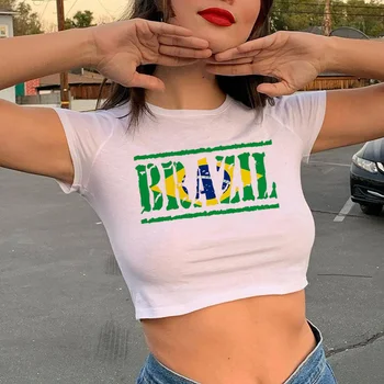 skraćene top s brazilskom zastavom, t-shirt, ženski japanski print, grunge, odjeća za par casual majica, bijela majica, vanjska odjeća