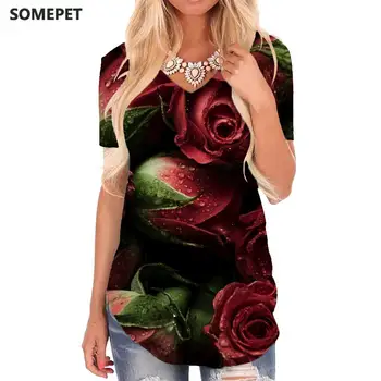 SOMEPET, t-Shirt s Cvijetom Ruže, Ženska Crvena Majica s V-izrez, Majice s po cijeloj površini Lišća, Nove Zabavne Majice, Ženska Odjeća s po cijeloj površini u stilu punk-rock