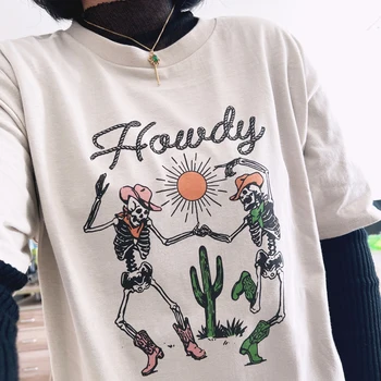 Sunfiz Godišnja Ženska Slatka Zabavna Grafički t-Shirt Howdy Skeleton Kaubojka t-Shirt U Zapadnom Stilu Vintage Ženska Košulja U Boho stilu, Klasicni Top