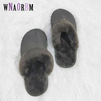 Zimske modne muške kućne papuče od 100% ovčjeg krzna, topla obuća, ženska obuća ravnim cipelama, gospodo krzna papuče, 36-44