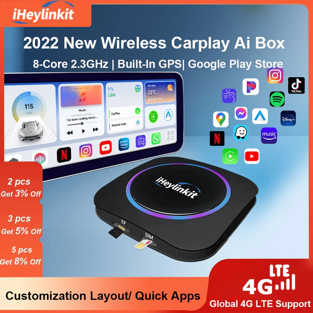 Iheylink MTK665 Carplay AI Box Bežični Android Auto Youtube, Netflix Auto Konzole za video-igre za Audi Benz Mazda Toyota Global 4G LTE GPS Slika 0
