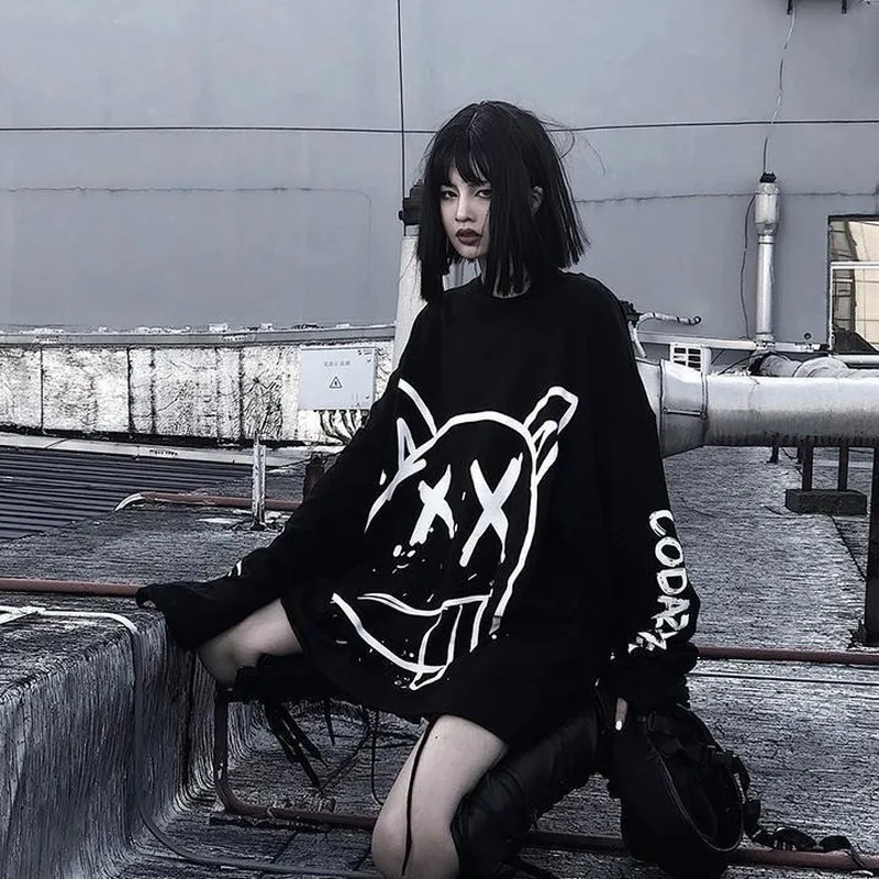 QWEEK Gotička t-Shirt s grafitima u stilu Харадзюку, 2021, Funky t-Shirt u Korejskom Stilu s Dugim Rukavima, hip-hop, punk, Vanjska Odjeća, Gotički Majice Za Djevojčice Slika 0