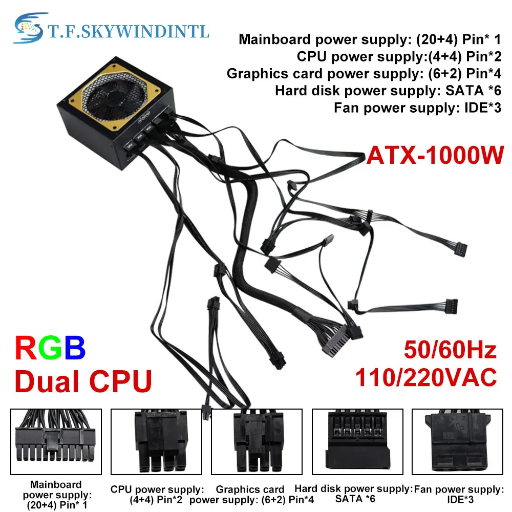 T. F. SKYWINDINTL 1000 W Rgb ATX 1000 W napajanje za PC Modularno napajanje Za PC Power Gaming Izvori Napajanja Za Майнинга Računalni Izvor Slika 0