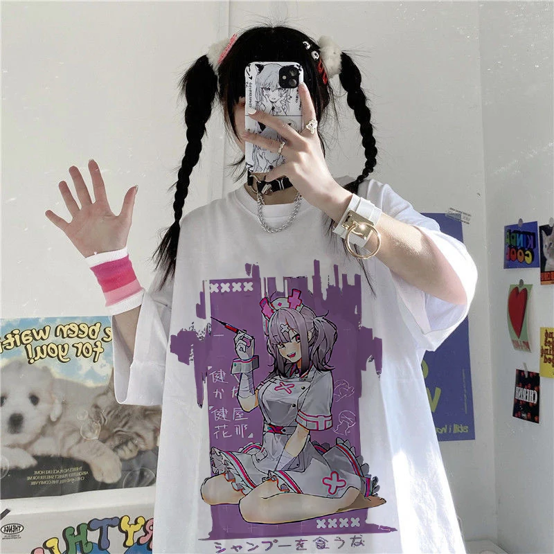 Godišnja ženska t-shirt Kawaii u japanskom stilu, po cijeloj površini Djevojke-ljubav i Kratkim rukavima, Animacija, Sportska Top u stilu Харадзюку, Ulzzang, retro odjeća Slika 1