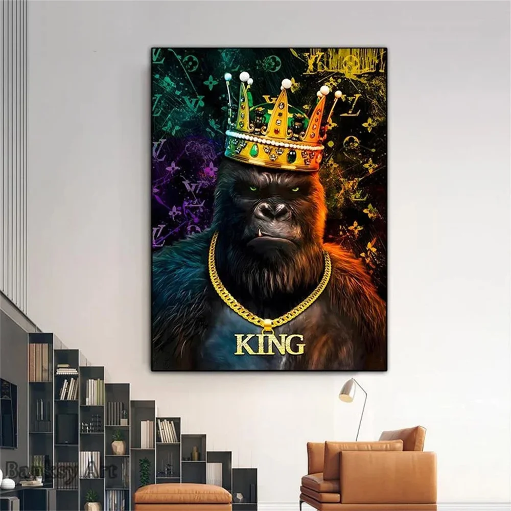 Gorila s Krunom Grafiti King Kong Aleksandar Platnu Orangutan Životinja Zid Umjetnost Dnevni boravak Kućnih Zidne Slike Dekor Slika 1