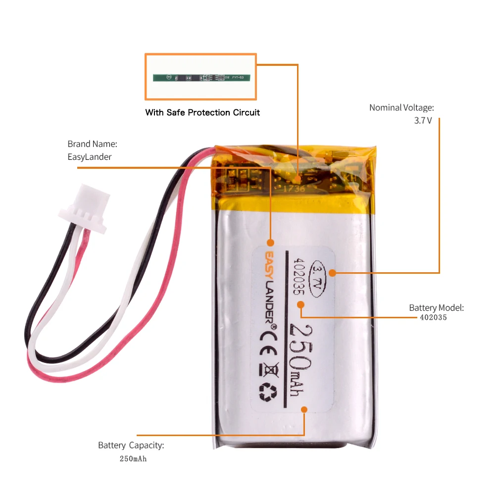 3,7 250 mah 402035 litij-polimer baterija baterija baterija baterija baterija JST 1,0 mm-3pin 1,25-3Pin Zamijeniti na XIAOYI MI YI DVR MIO C330 Slika 2