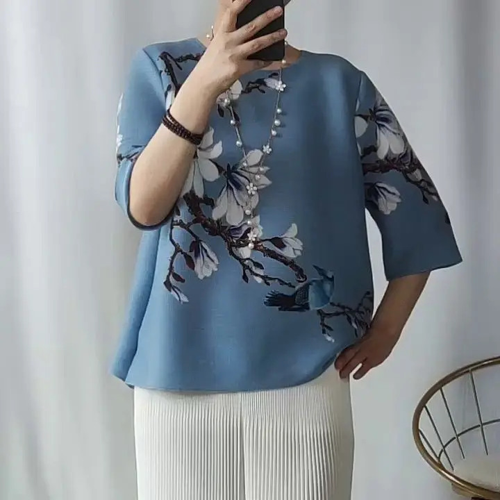 Klasična tanka majica u kineskom stilu s cvjetnim i ptičjom po cijeloj površini, ženska ljetna majica 2022 godine s okruglog izreza, slobodna плиссированная majica kratkih rukava, top Slika 2