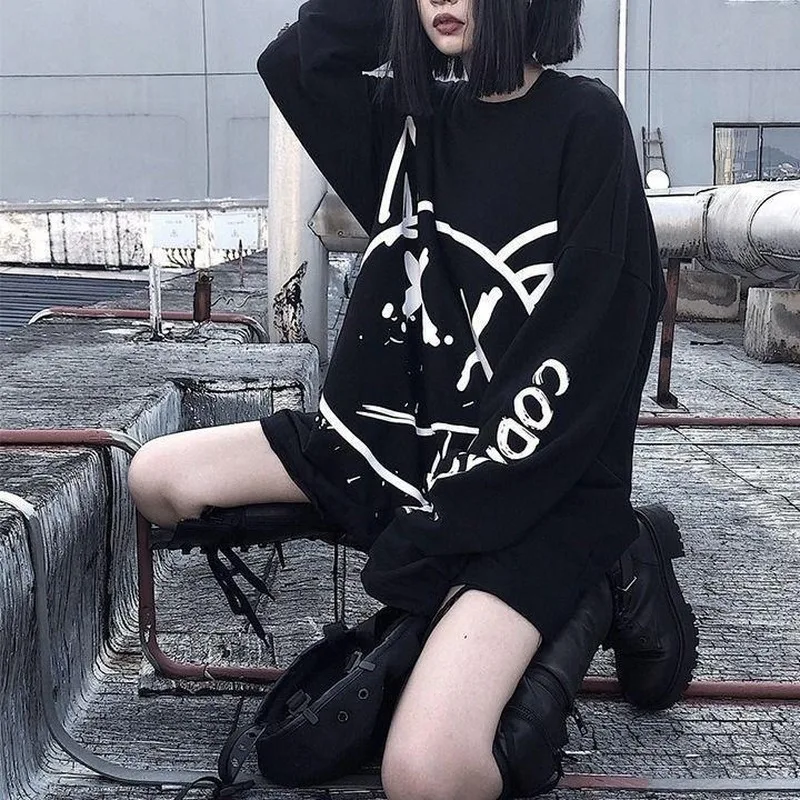 QWEEK Gotička t-Shirt s grafitima u stilu Харадзюку, 2021, Funky t-Shirt u Korejskom Stilu s Dugim Rukavima, hip-hop, punk, Vanjska Odjeća, Gotički Majice Za Djevojčice Slika 3