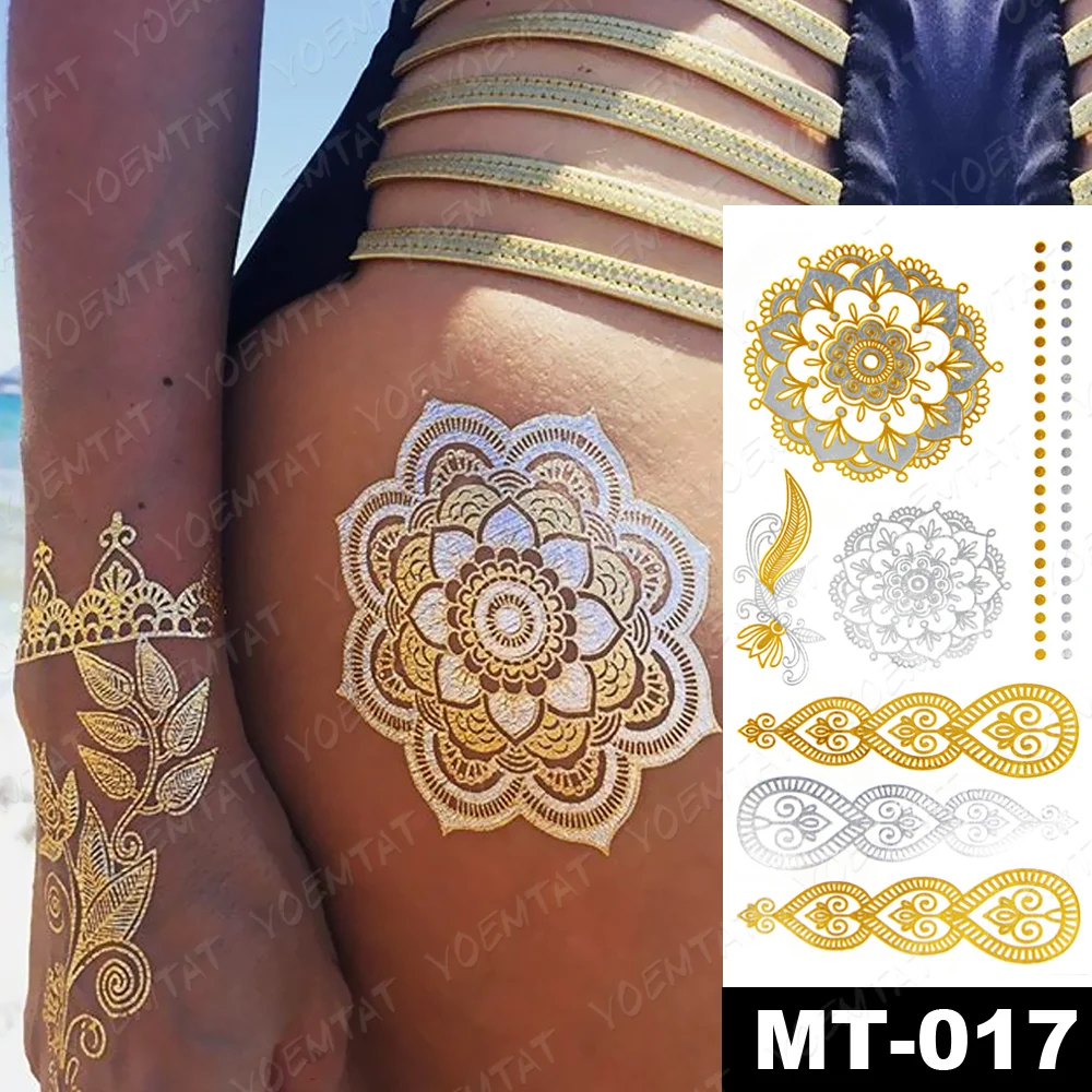 Vodootporne Privremena Tetovaža Naljepnica Lotos Kana Mandala Perje Zlato Srebro Metalik Tetovaža Boho Cvijet Nakit Glitter Body Art Slika 3
