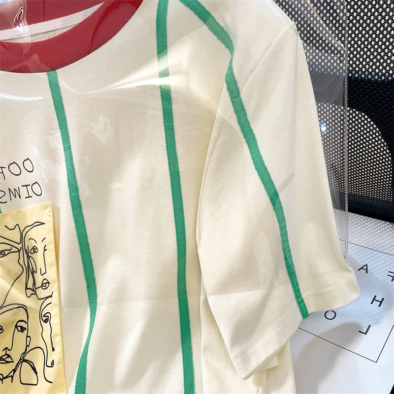 Zelene Široke Šarene Kontrastne Boje Majice S Aplikacija Za Lice, Top Y2k, Ženska Ulica Ljetna Majica Okruglog izreza, Svakodnevni Korejski Moda Slika 3