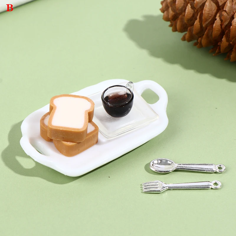 1 Set 1:12 Kućica za lutke Minijaturni Set Za Doručak Hamburger Pecivo Tost Jaje Kava s Pladanj Kuhinjski Pribor Za Jelo Dječje Igračke Slika 4