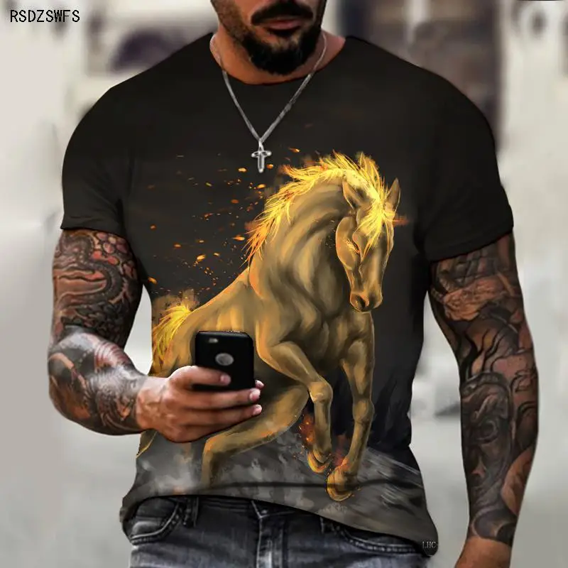 Branded muška košulja, Vatreni Konj, Pakleno konj, Ratnik, 3D printanje, Ulični cool top. Dizajn s okruglog izreza, Zgodan, Оверсайз 5XL Slika 4
