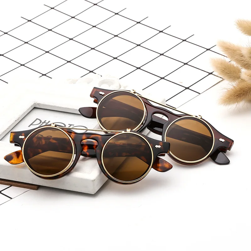 UV400 Retro Naočale Gotička Steampunk Sunčane Naočale Clip Up Preklopni Za Muškarce i Za Žene Okrugle Sunčane Naočale Nijanse Branded Dizajnerske Cipele Naočale Slika 4