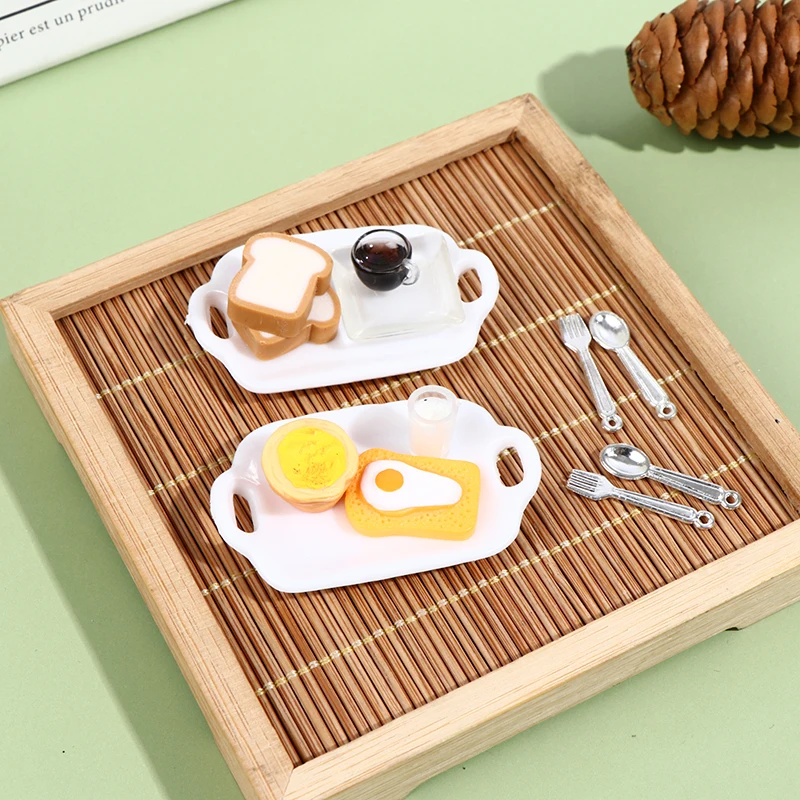 1 Set 1:12 Kućica za lutke Minijaturni Set Za Doručak Hamburger Pecivo Tost Jaje Kava s Pladanj Kuhinjski Pribor Za Jelo Dječje Igračke Slika 5