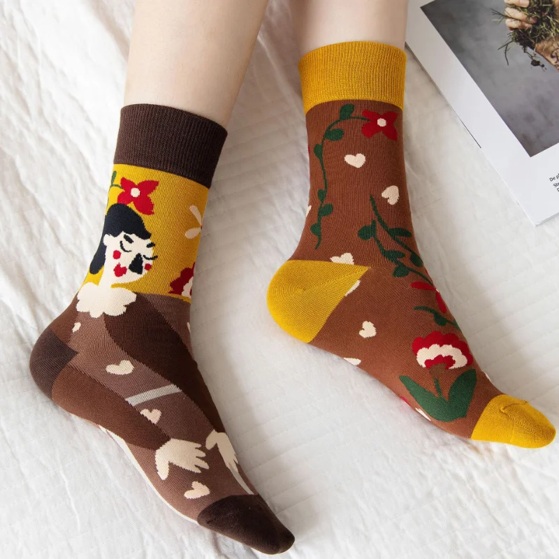 Nove Ženske Pamučne Čarape, Kreativna Čarape u stilu AB s Likovima iz Crtića za Žene, Slatka Čarape s Cvjetnim Uzorkom, Svakodnevne Ženske Čarape Slika 5