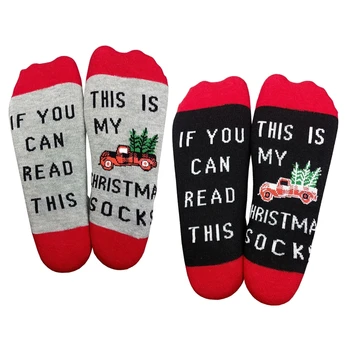 Ženske, Muške Novost, Božićne pamučne čarape za posadu, zabavna, ako možete pročitati ta slova, crveni kamion po cijeloj površini, чулочно-носочные Proizvoda srednje dužine, dar