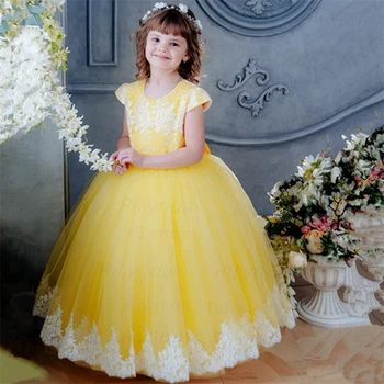 Žuta haljina u cvijetu za djevojčice, Haljina kratkih rukava, Haljina za dječji rođendan, Svadba haljina za Djevojčice