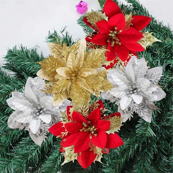 5 KOM. Božićni Cvijet, Sjajna Umjetna Poinsettia, Umjetno Božićno Drvce, Dekor za Kućne Zabave, Božićni Ukras 2023 Godine